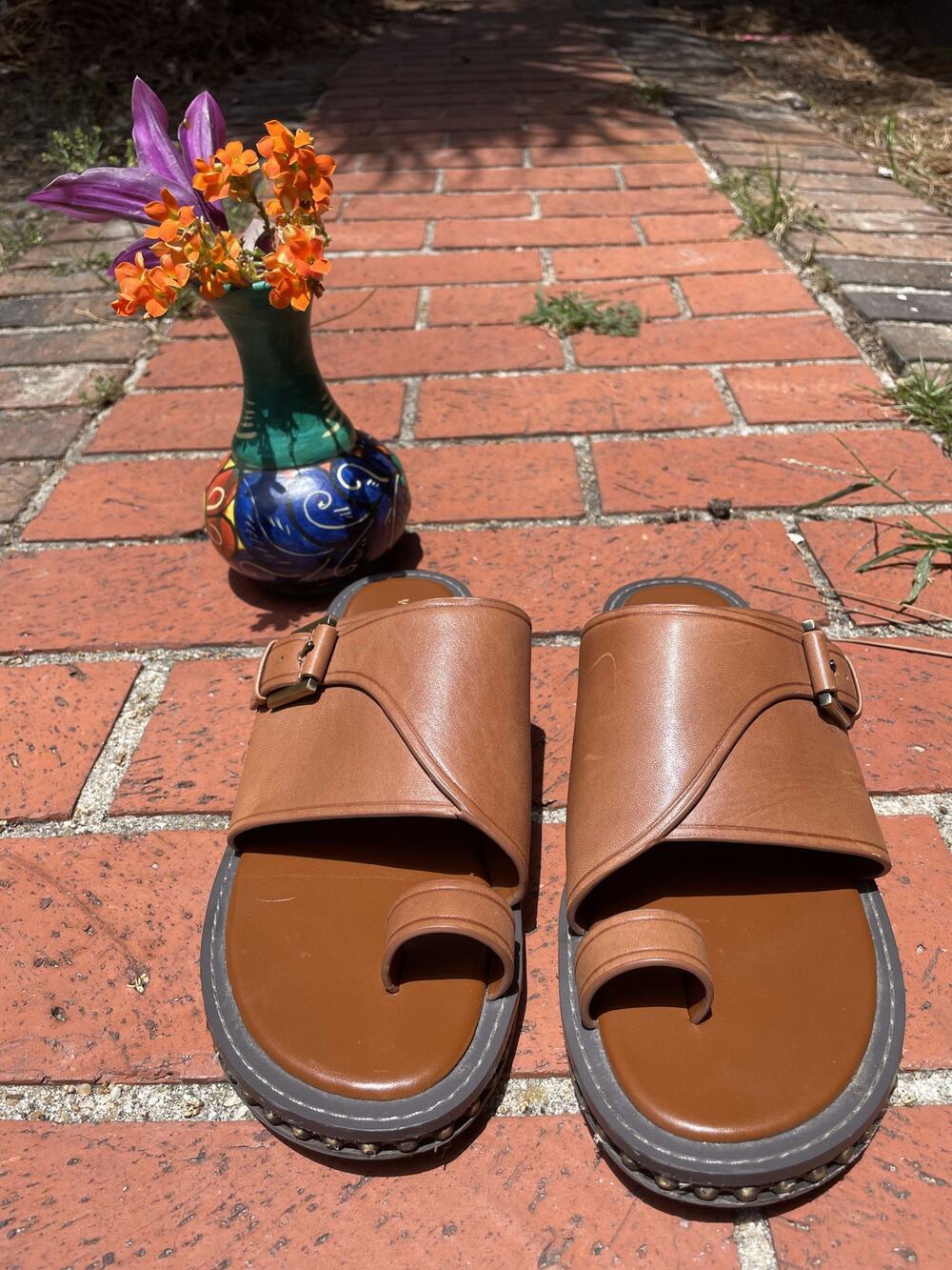 Vince Camuto Cooliann Toe Ring Leather Slide Sandals Tan Cognac Women's 8
